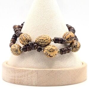 Coconut Shell and Betel Nut Double Strand Bracelet Brown Tan Silver Tone Accents